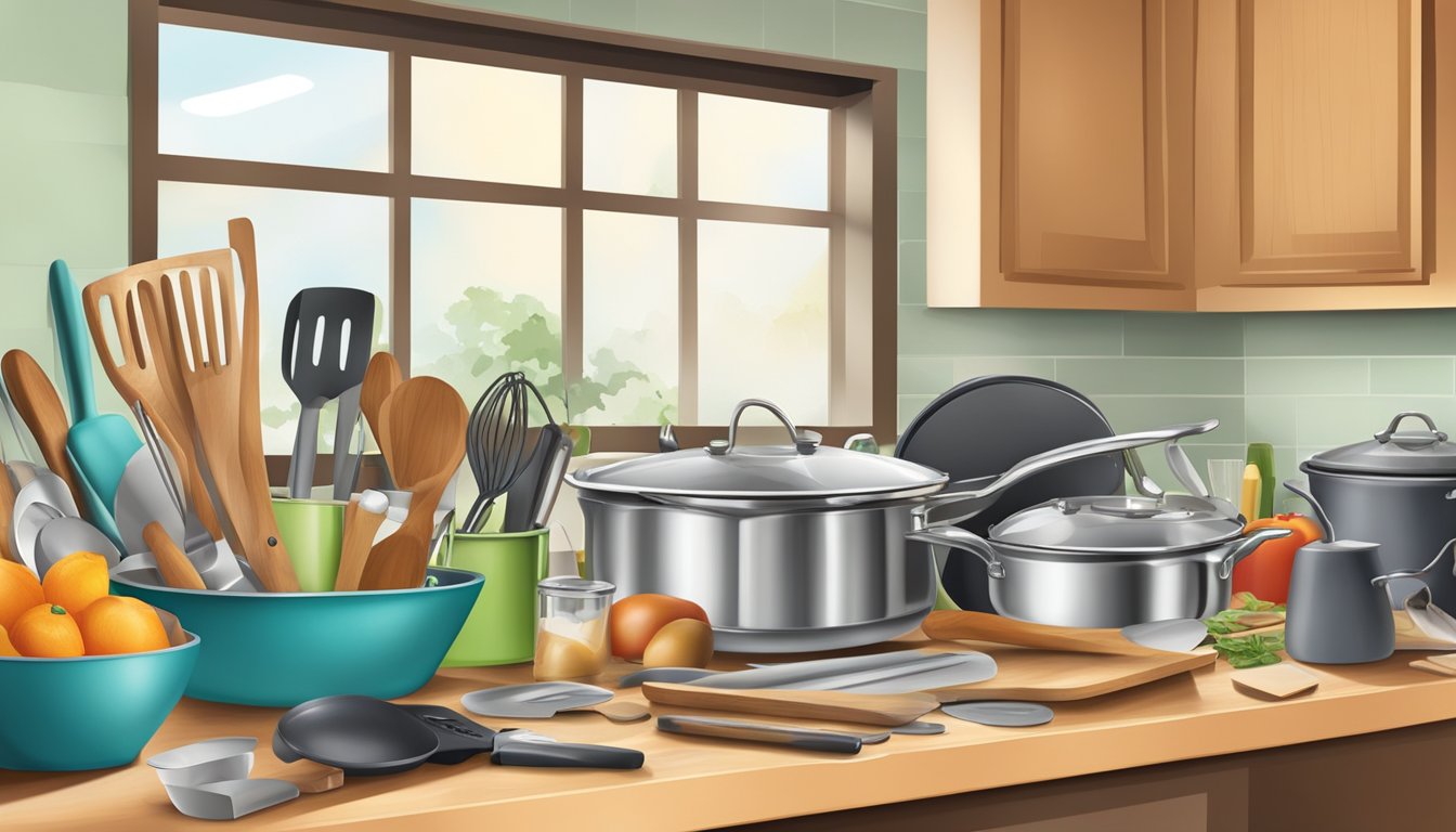 A cluttered kitchen counter holds a variety of essential kitchenware and tools, including pots, pans, spatulas, knives, cutting boards, and mixing bowls