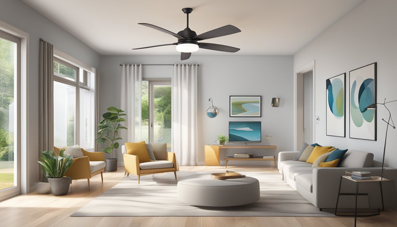 A modern living room with a low ceiling and a sleek, white Hugger ceiling fan mounted flush against the ceiling, providing a cool breeze and a contemporary touch to the space