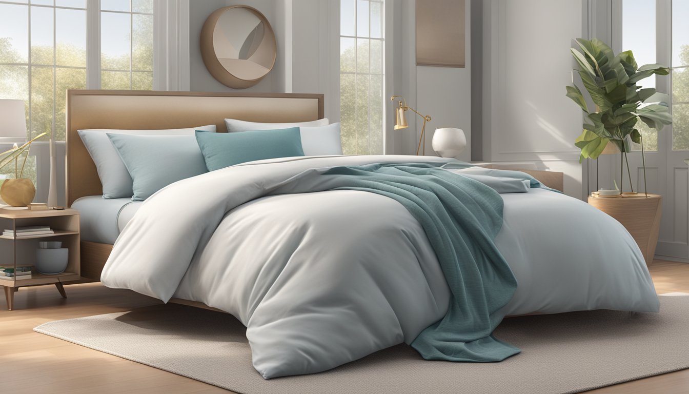 A standard pillow lying on a bed, with measurements of 20 inches by 26 inches, surrounded by other bedding items