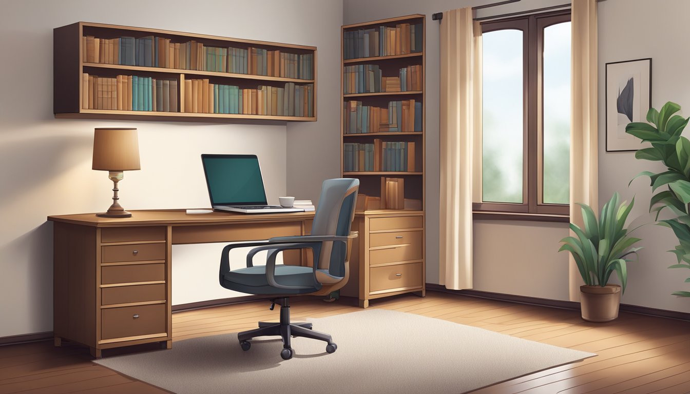 A study table with a cabinet against a plain wall, with books, a lamp, and a laptop on the table