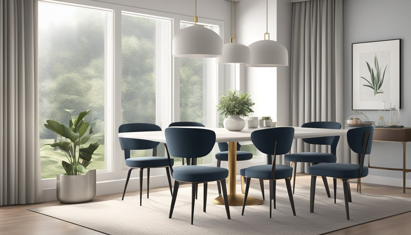 A sleek, modern dining chair sits in a well-lit room, surrounded by a minimalist decor. The chair features clean lines and a comfortable cushion, adding a touch of elegance to the space