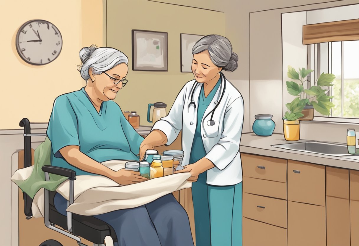 A caregiver assisting a patient with daily tasks, such as grooming, medication management, and meal preparation in a warm and comforting environment