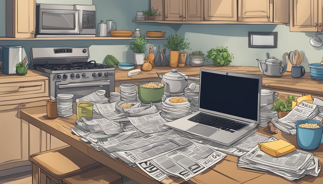 A kitchen table covered in newspapers and flyers, with various kitchen items like pots, pans, and utensils scattered around. A laptop open to a website with the headline "Best Deals and News on Kitchen Things."