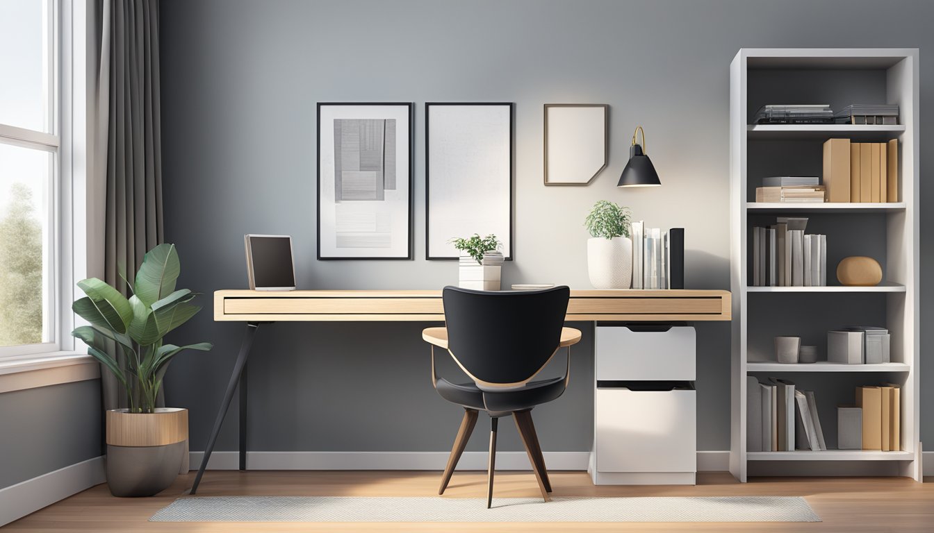 A sleek, modern study table with a built-in cabinet, clean lines, and minimalist design