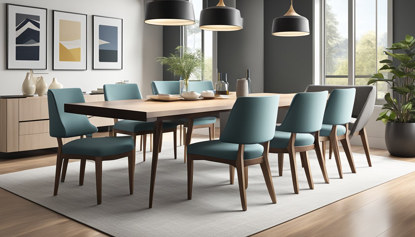 A sleek, modern dining chair collection displayed in a well-lit showroom, featuring clean lines and a variety of upholstery options