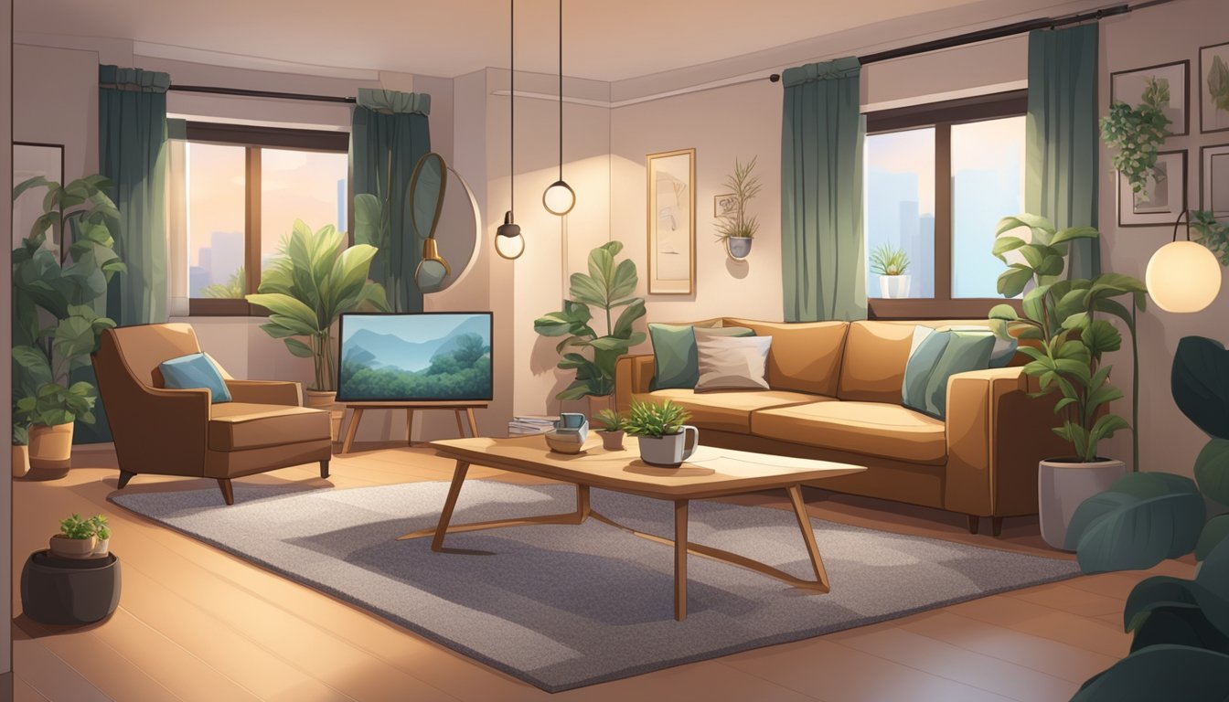 A cozy HDB living room with a plush sofa, coffee table, TV, and potted plants. Warm lighting and decorative wall art create a welcoming atmosphere