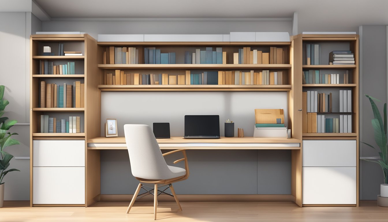 A study table with a built-in cabinet for storage. The table has a sleek and modern design, with ample space for books and stationery