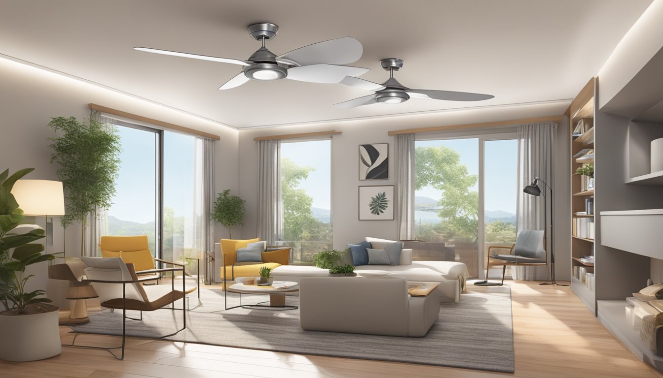 A modern, well-lit room with sleek, low-profile hugger ceiling fans spinning quietly above, creating a comfortable and energy-efficient environment