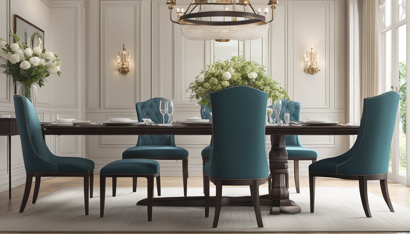 A dining chair with a cushioned seat and elegant design, placed in a well-lit dining room with a table set for a luxurious meal