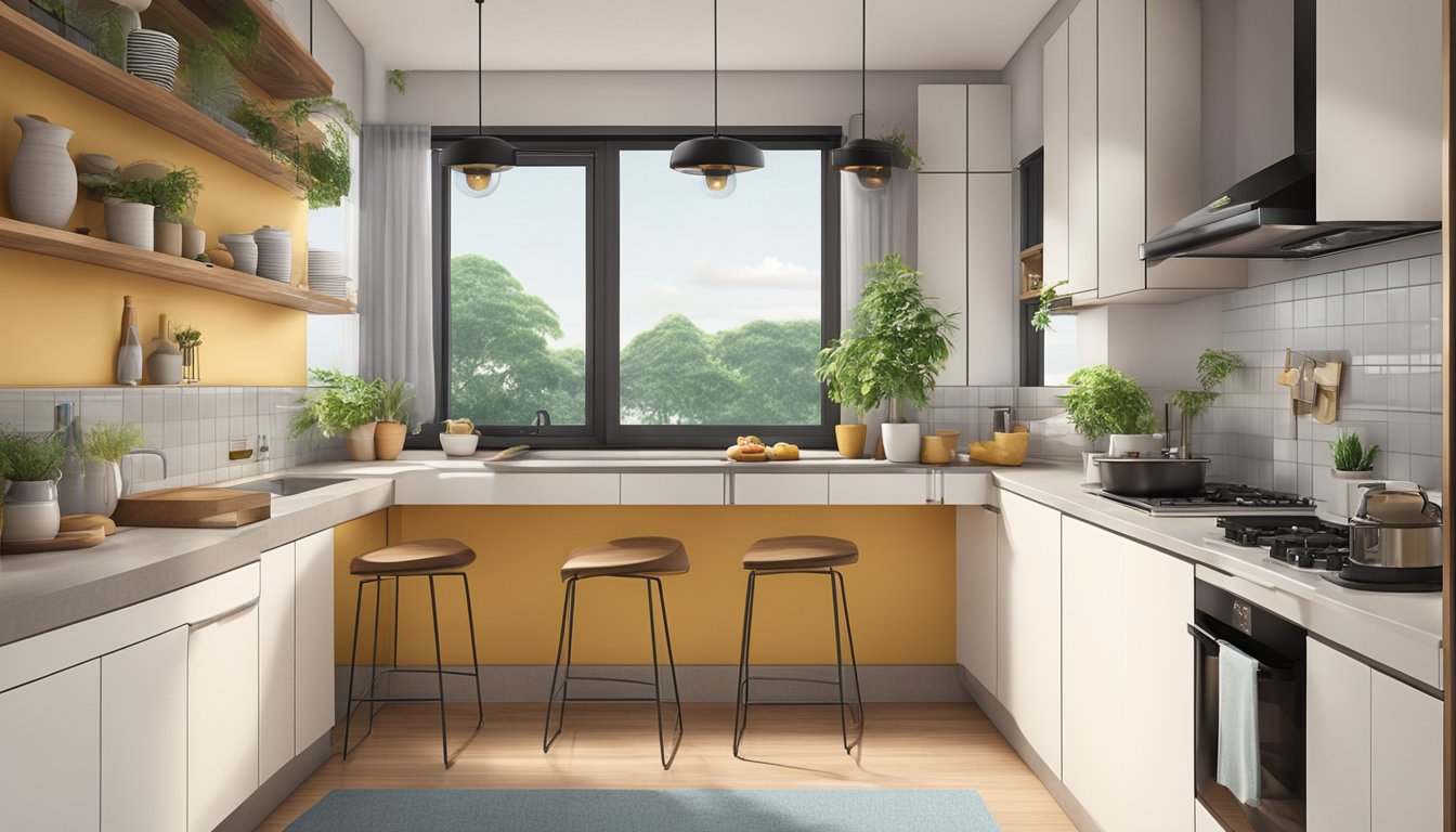 A cozy HDB kitchen with modern appliances and a semi-open layout, featuring a breakfast bar and ample natural light