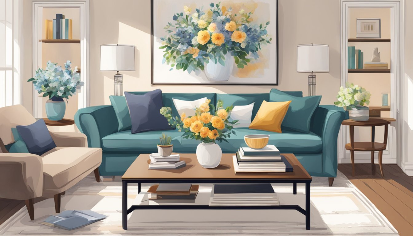 A large, elegant coffee table sits in the center of the living room, adorned with a vase of fresh flowers and a stack of art books