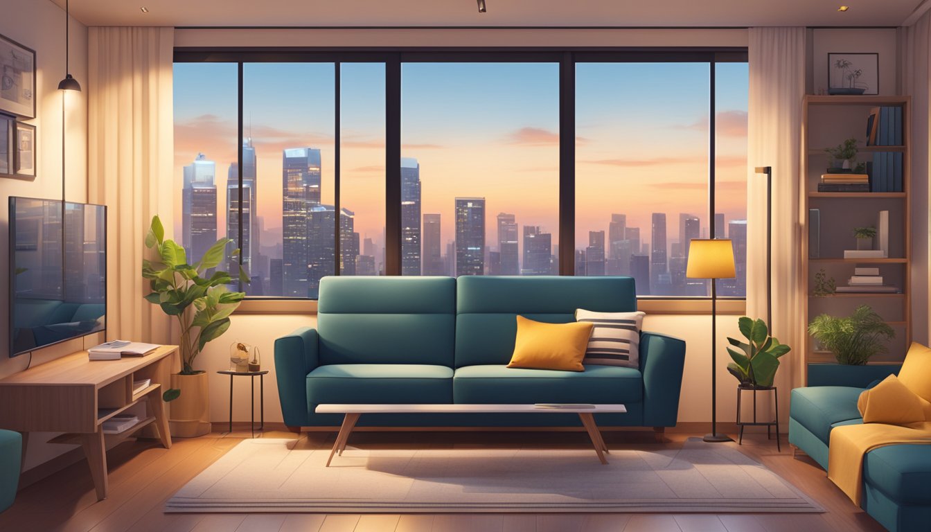 A cozy HDB living room with modern furniture, warm lighting, and a large window overlooking a city skyline