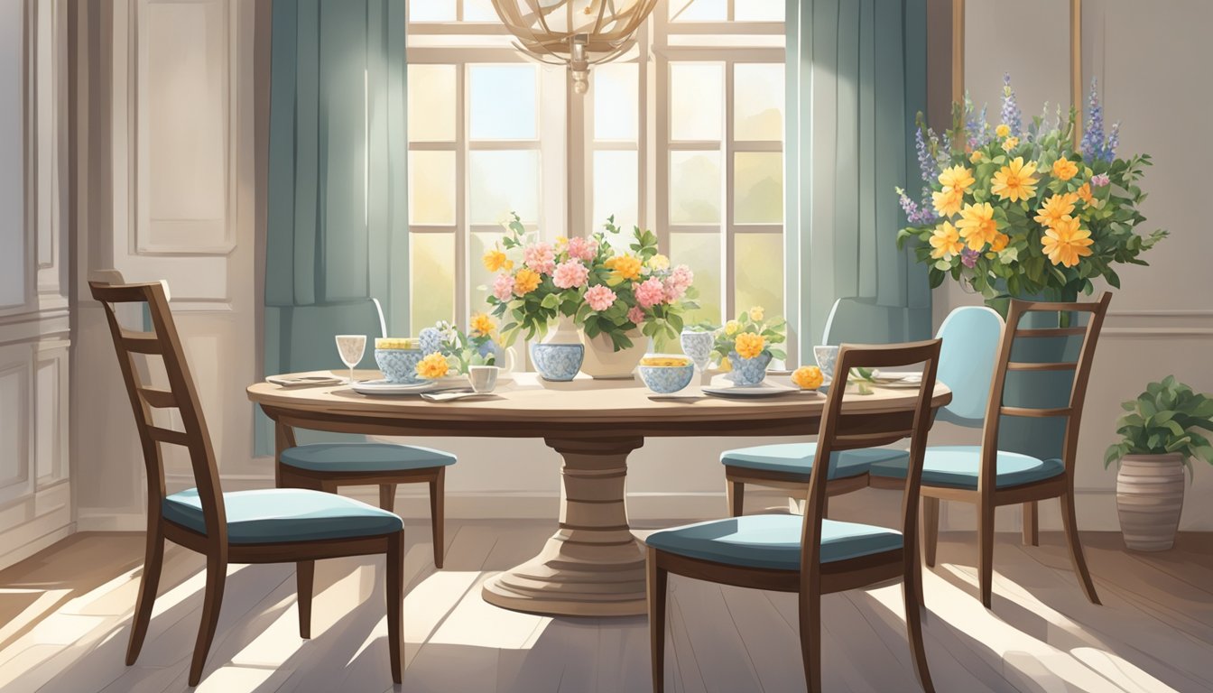 A stone dining table stands in a sunlit room, surrounded by wooden chairs. The table is adorned with a vase of fresh flowers and a set of elegant dinnerware