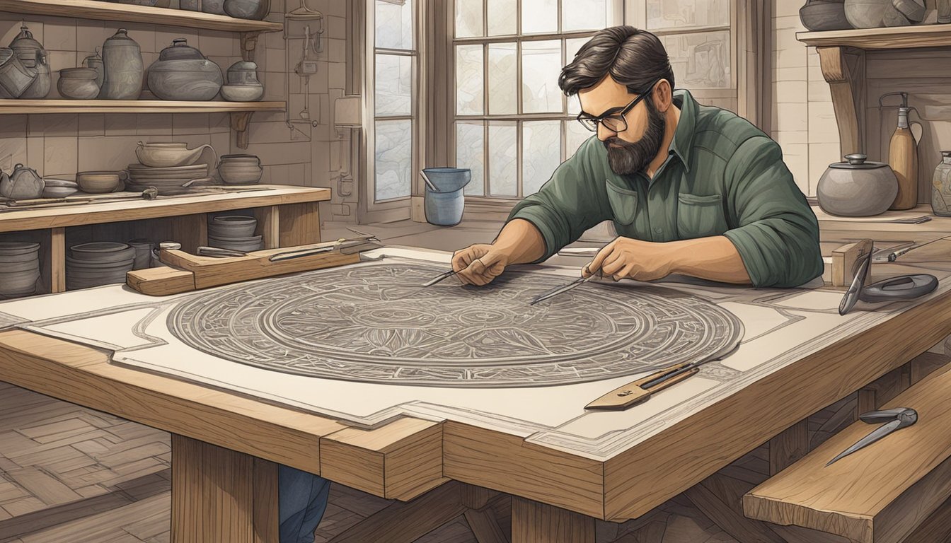 A craftsman carves intricate patterns into a large stone dining table, surrounded by tools and design sketches