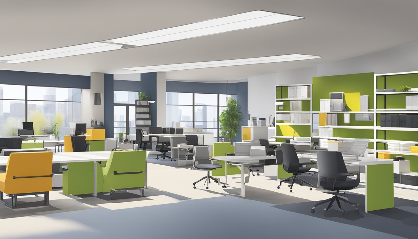 Office furniture stores display desks, chairs, and shelves in a spacious, well-lit showroom. Various styles and colors are showcased, with price tags and promotional signs visible