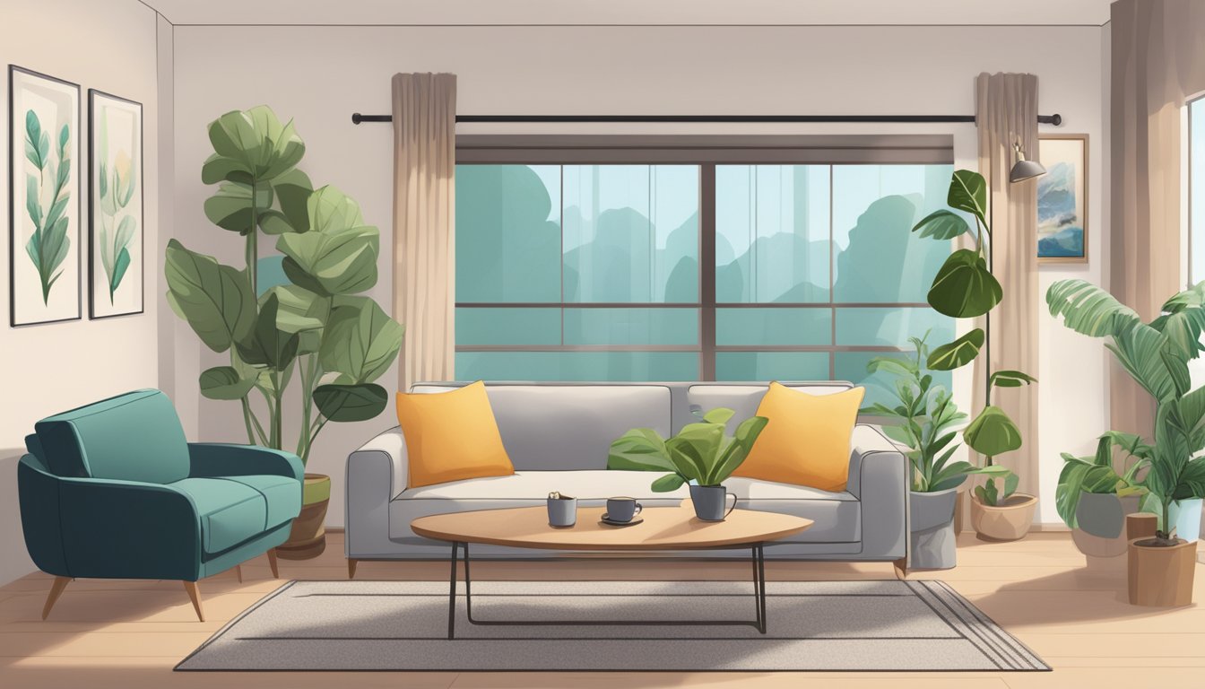 A cozy HDB living room with a plush sofa, coffee table, rug, and wall-mounted TV. Decorative pillows, indoor plants, and artwork complete the space