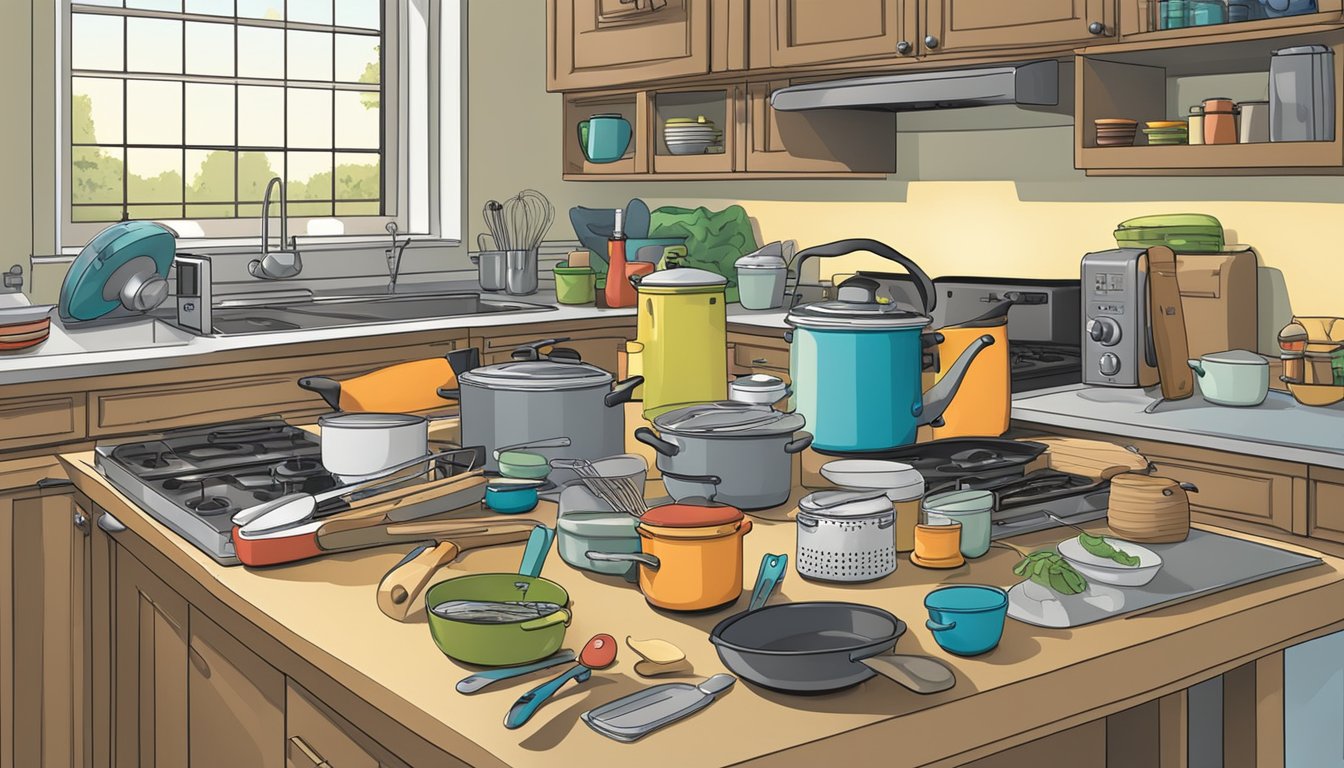 A cluttered kitchen counter with various cooking utensils and appliances, including pots, pans, spatulas, and a toaster. Labels and signs indicate "Frequently Asked Questions" for each item