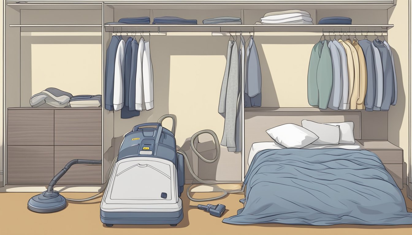 A person using a dust mite vacuum cleaner on a mattress and then carefully storing it away in a closet