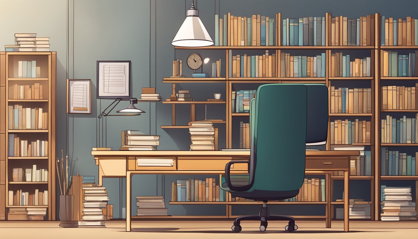 A study table with a built-in cabinet is surrounded by stacks of books and papers. A laptop and a desk lamp sit on the table