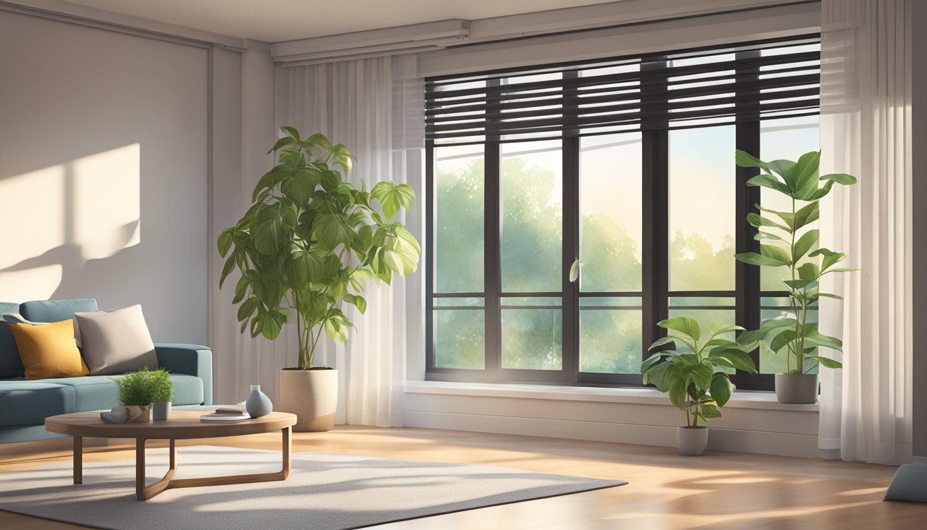 A Daikin inverter window type AC unit installed in a modern living room, with sunlight streaming in and a plant placed nearby