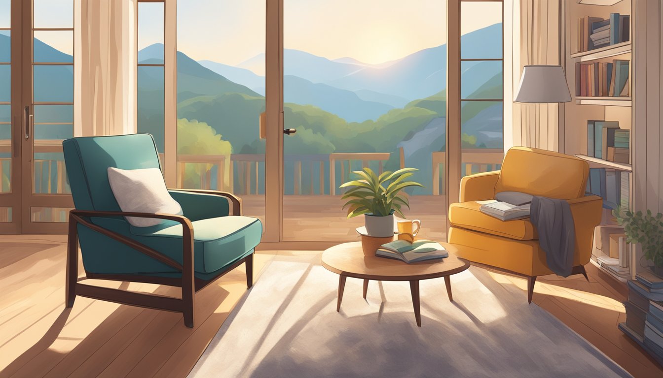 A cozy recliner in a living room, facing a window with sunlight streaming in, a side table with a warm cup of tea, and a book resting on the armrest