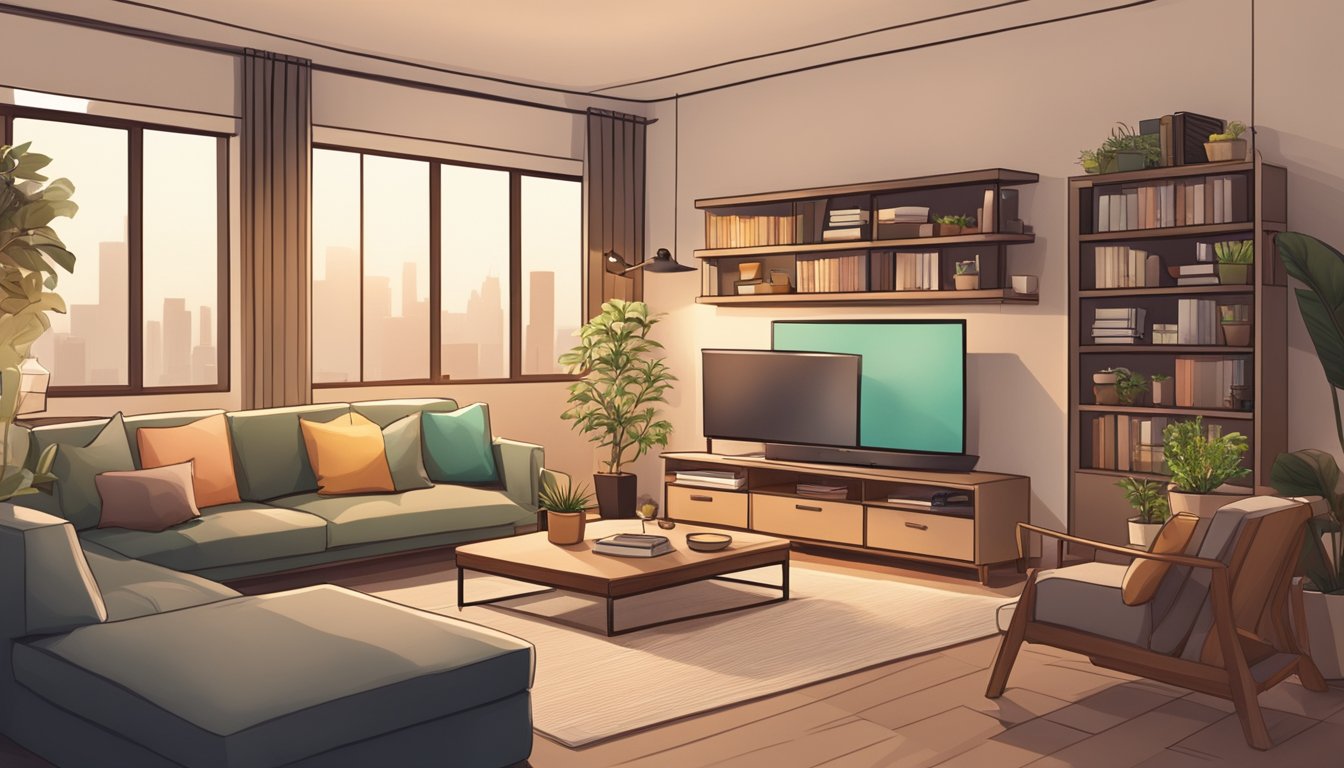 A cozy HDB living room with modern furniture, warm lighting, and a large TV. A bookshelf filled with books and decorative items, a comfortable sofa, and a coffee table with a potted plant complete the scene