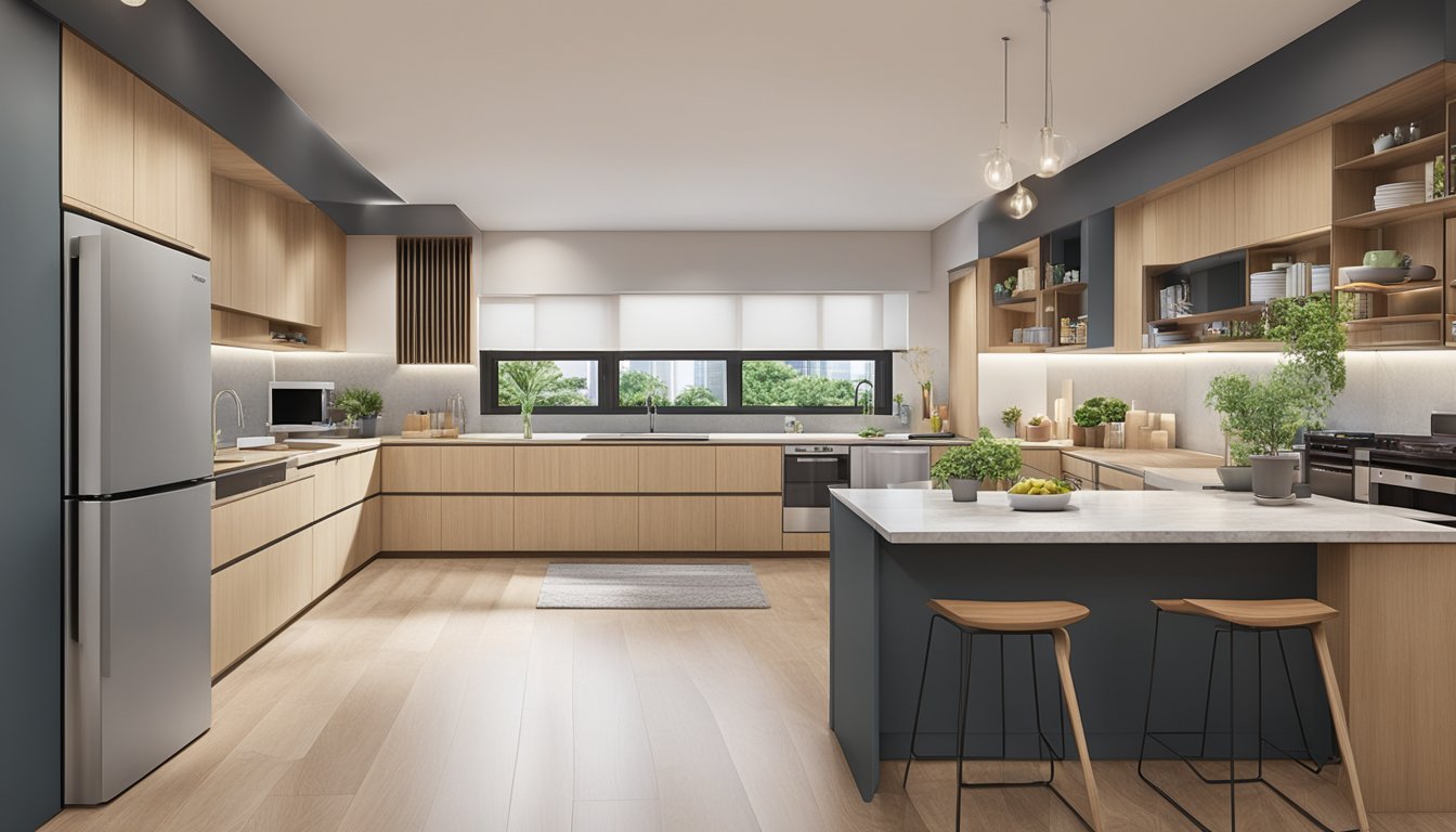 A spacious HDB kitchen with modern appliances, ample storage, and a semi-open layout, allowing for easy flow between the cooking and dining areas