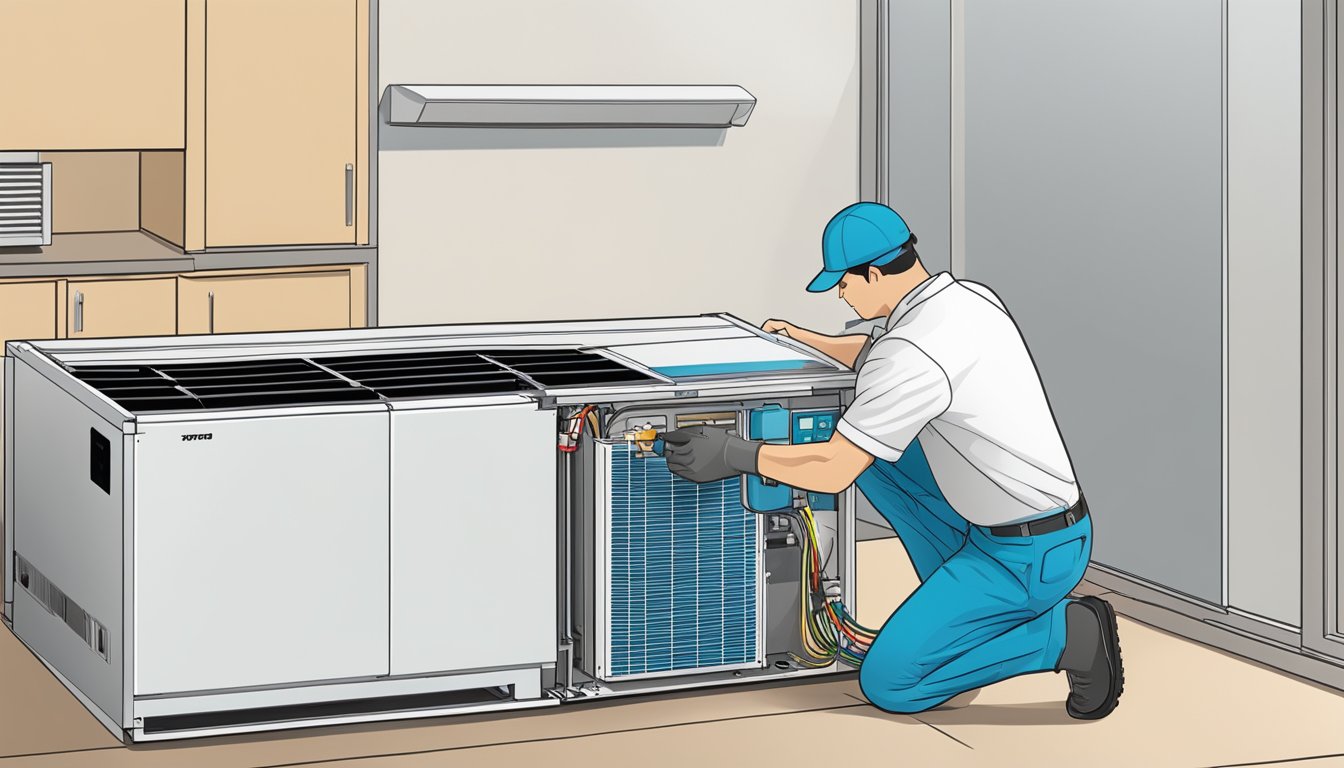 A technician installs a Daikin inverter window type unit, connecting wires and securing the unit in place. Regular maintenance tools are visible nearby
