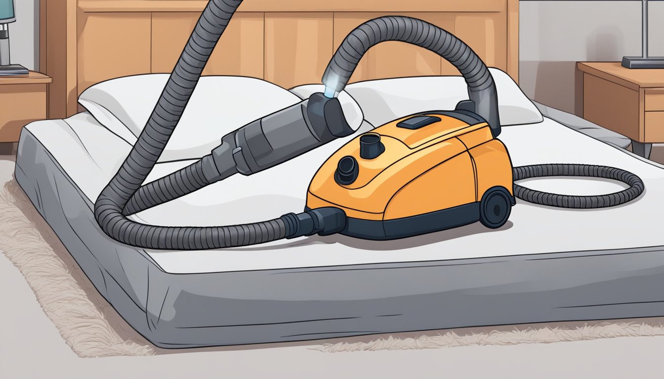 A vacuum cleaner with a long hose and a specialized attachment hovers over a mattress, removing dust mites and debris
