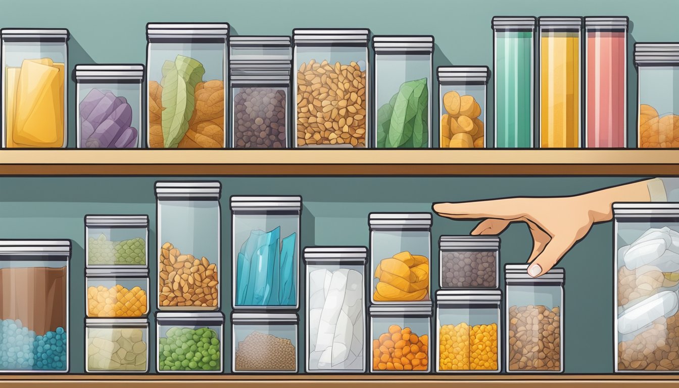 A hand reaches for an airtight container on a shelf, with various sizes and shapes displayed in a neatly organized manner