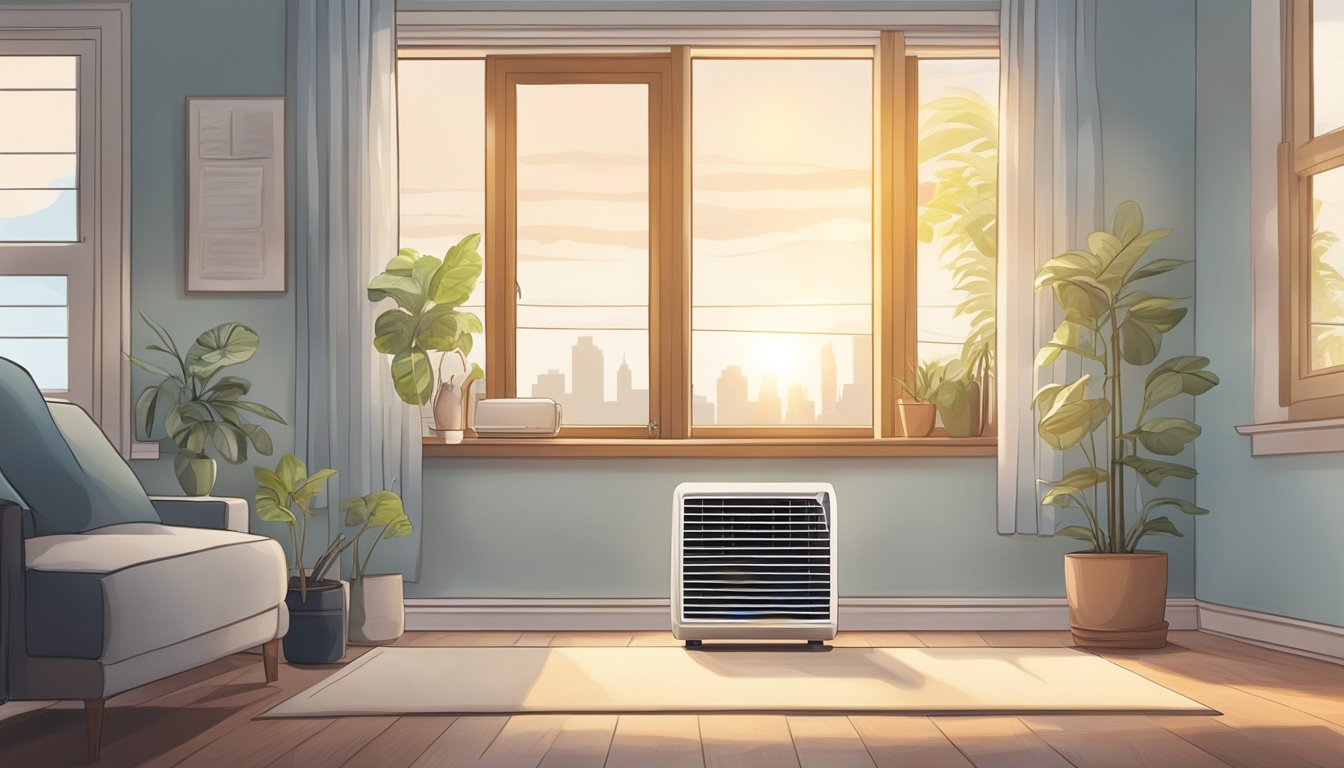 A window-mounted air conditioner hums as it cools a sunlit room, its vents directing a gentle breeze across the space