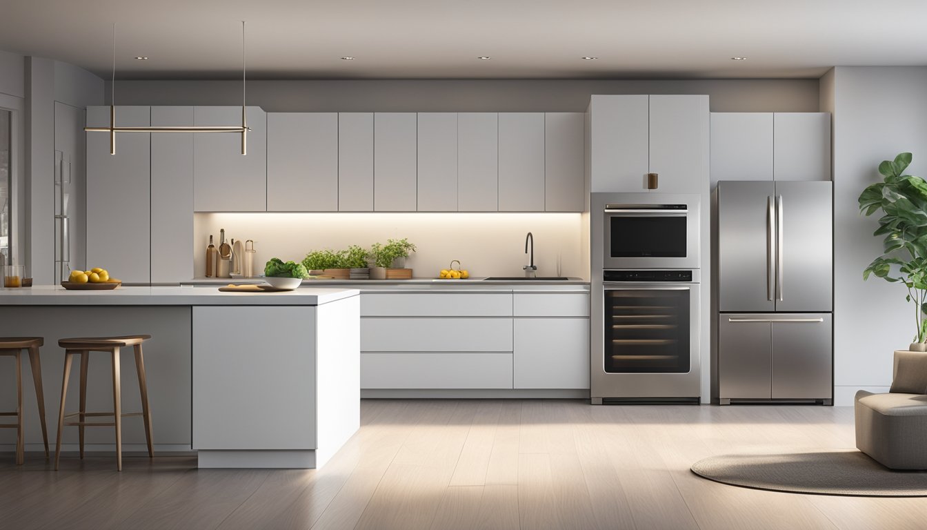 A single door fridge stands in a clean, modern kitchen. The stainless steel exterior gleams under the bright overhead lights, and the handle is sleek and minimalistic. The fridge is closed, with no visible contents