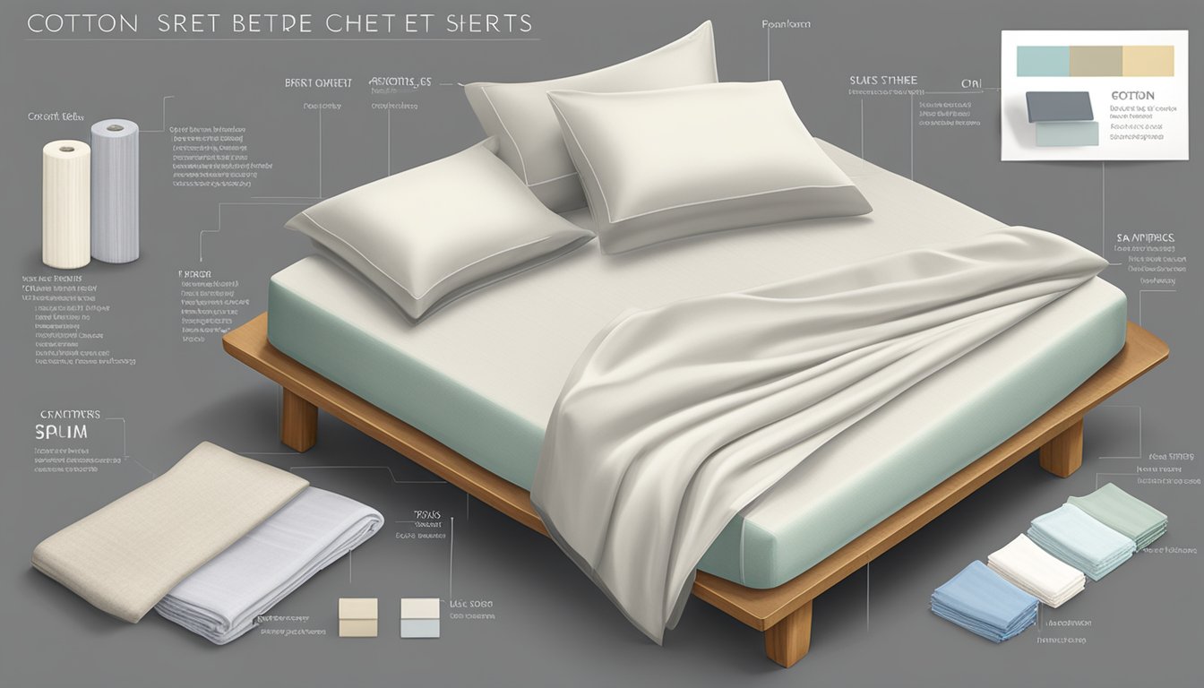 A table displaying various premium bed sheet materials, including cotton, silk, and linen, with accompanying product labels and samples