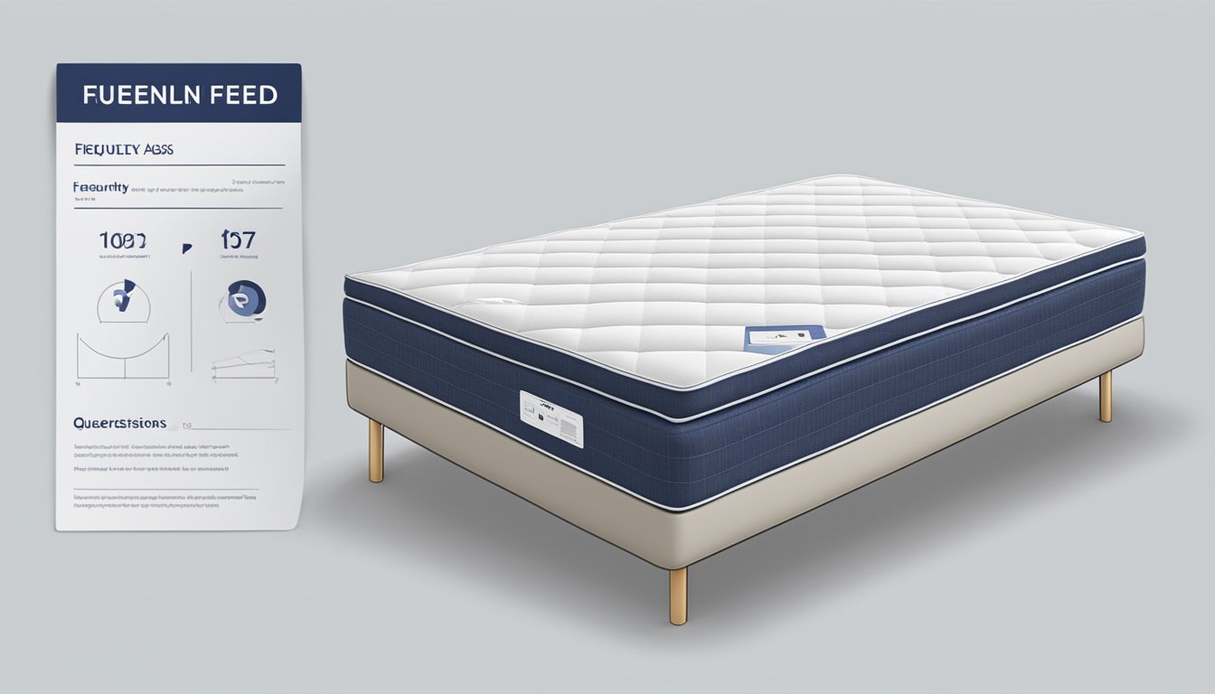 A super single mattress measuring 107 cm x 190 cm with a label "Frequently Asked Questions" displayed prominently