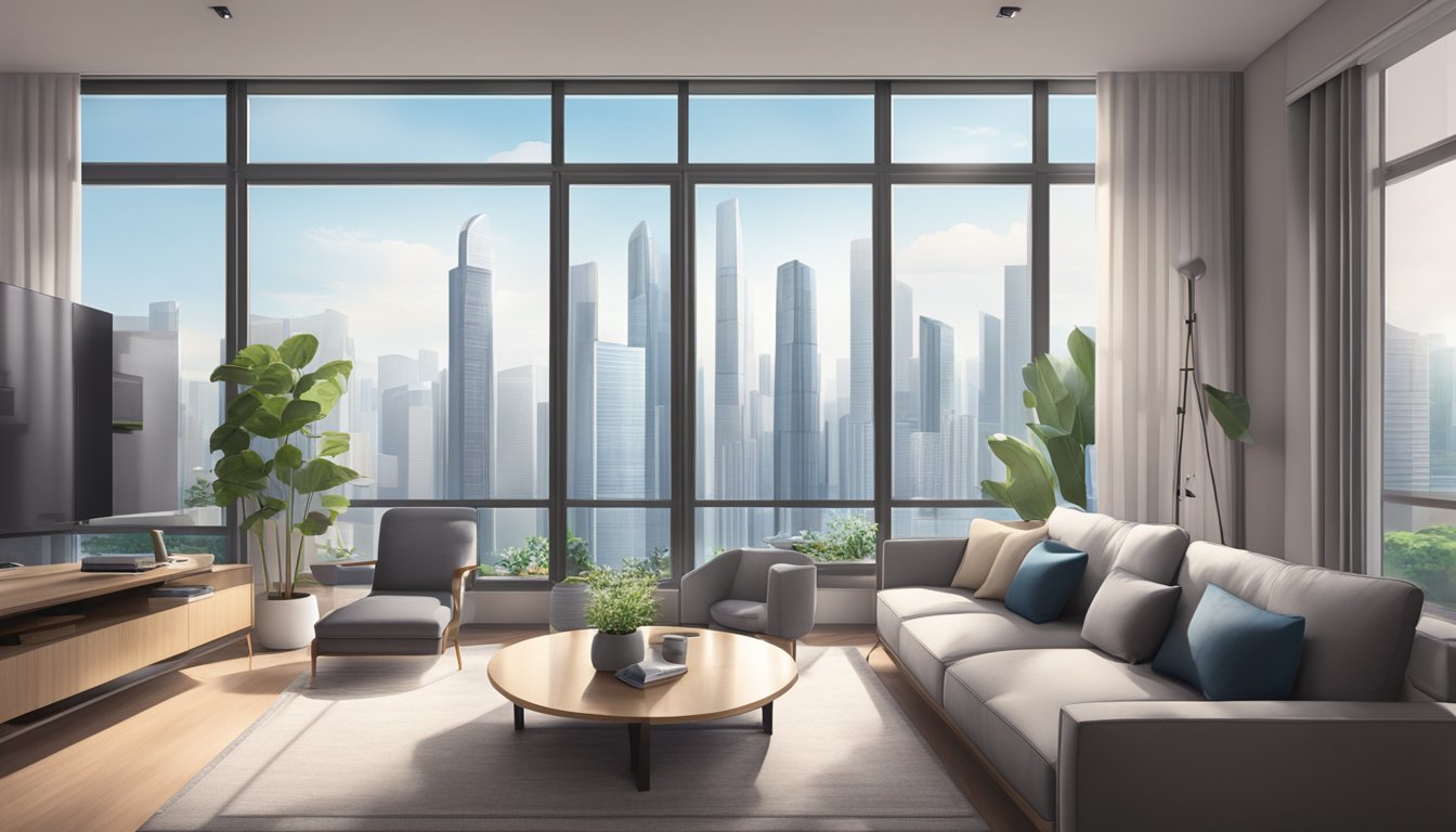 A sleek tower fan stands in a modern Singaporean living room, with a city skyline visible through the open windows