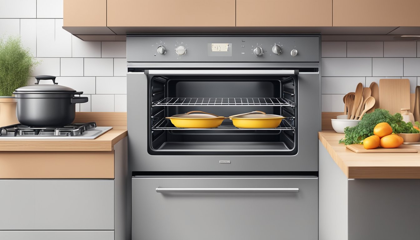 An open oven with a digital display, surrounded by various kitchen utensils and cookware, set against a modern kitchen backdrop