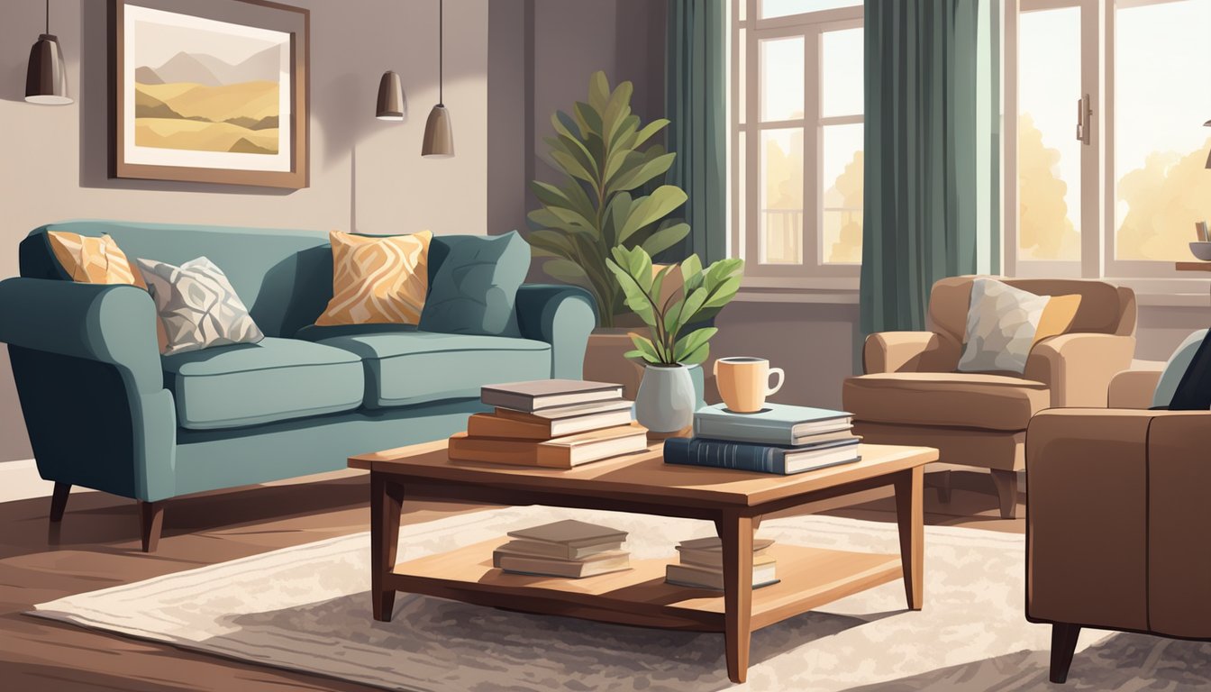 A coffee table with a stack of books and a decorative tray, surrounded by a few comfortable chairs and a cozy rug