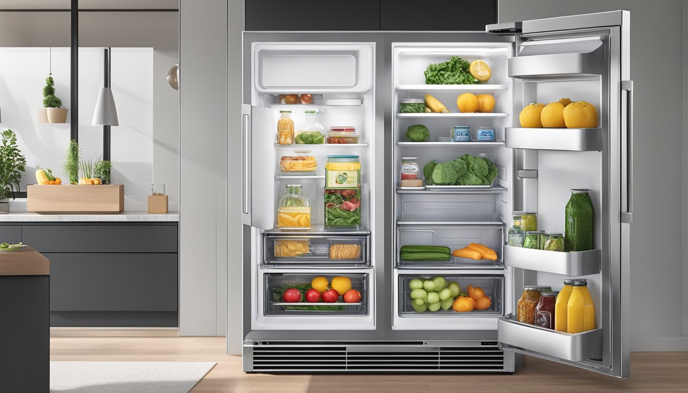 A single door fridge stands open, revealing adjustable shelves and a spacious interior. The door features a sleek handle and temperature controls