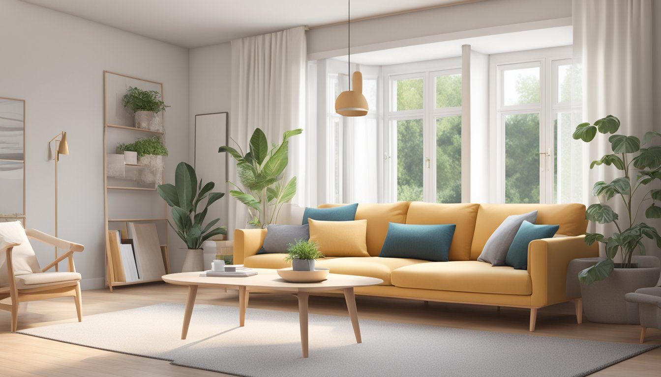 A cozy scandinavian sofa sits in a bright, minimalist living room with clean lines and natural light