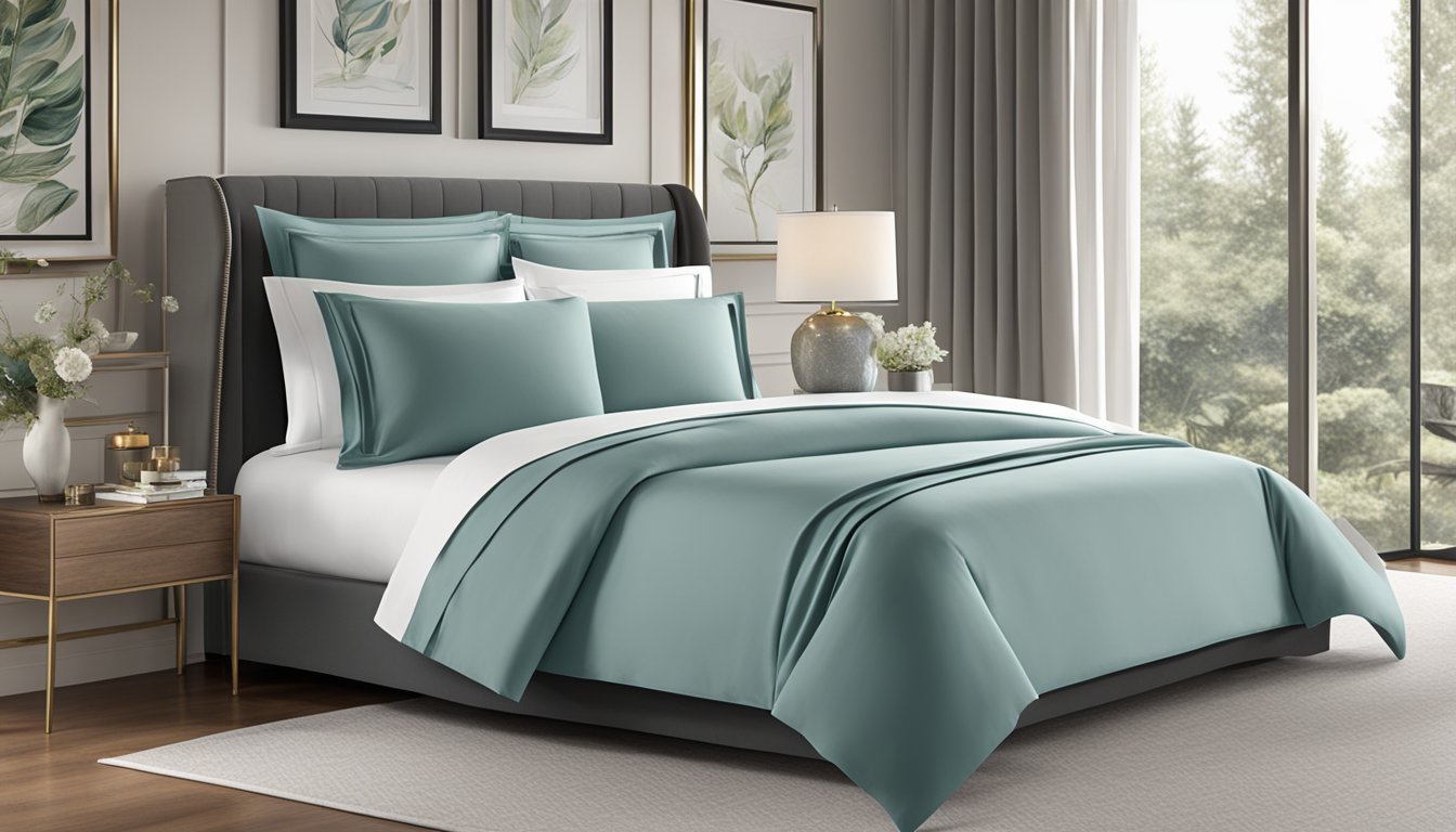 A luxurious bedroom with a neatly made bed adorned with Ultimate Bedding Bliss premium sheet sets. The sheets are smooth and wrinkle-free, with elegant designs and high-quality features