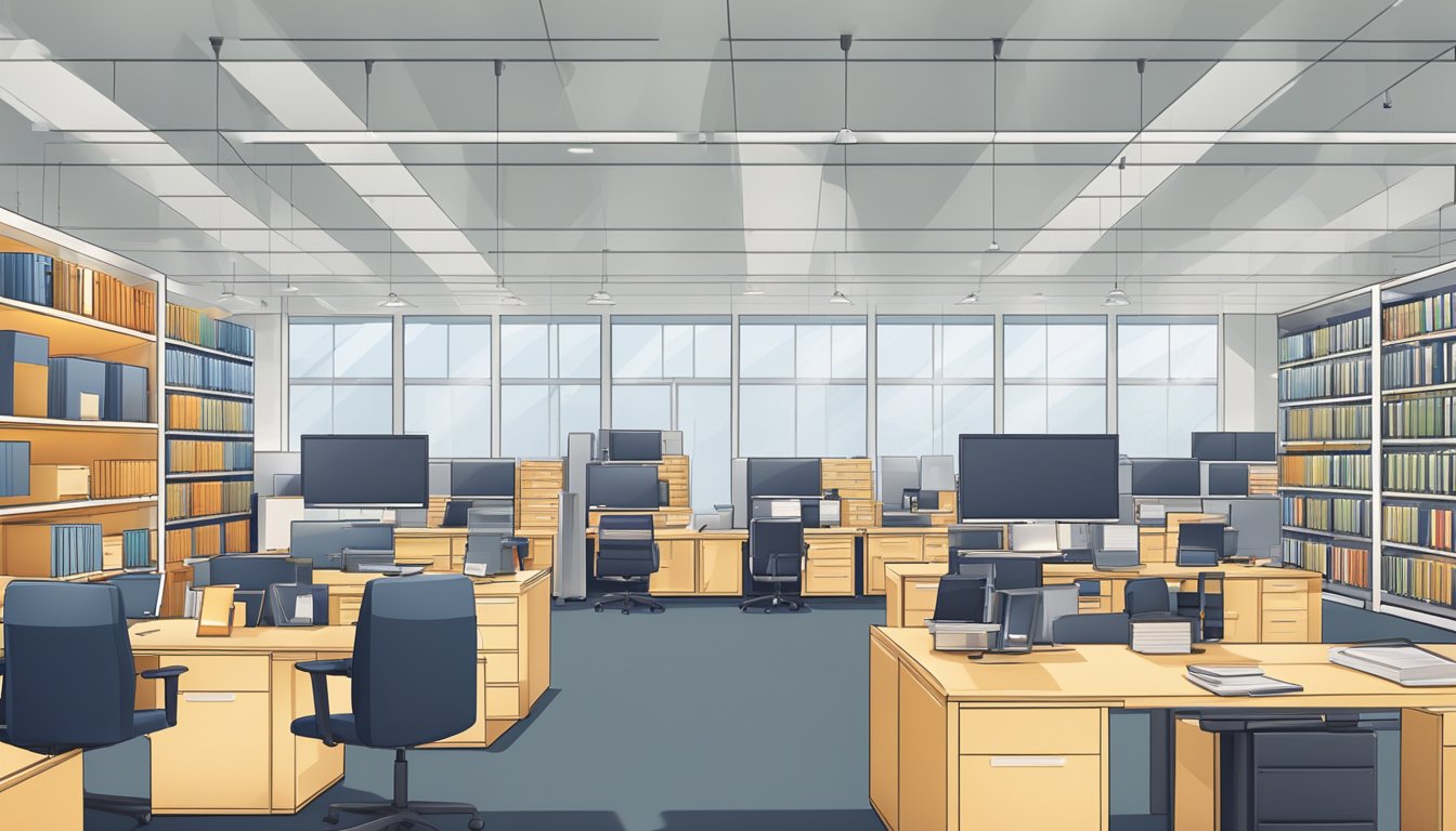 An office furniture showroom with desks, chairs, and filing cabinets displayed in organized rows, under bright lighting