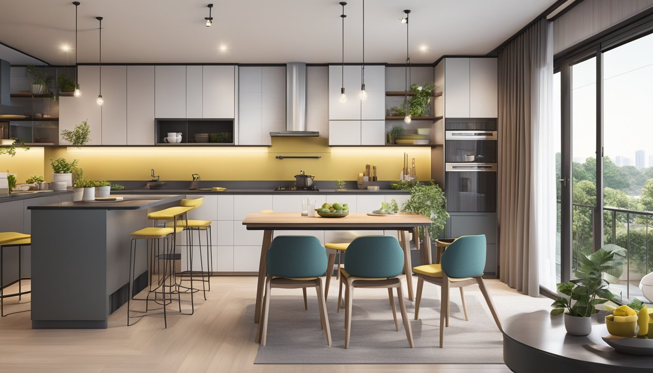 A modern, semi-open kitchen in an HDB flat with sleek countertops, built-in appliances, and a cozy dining area