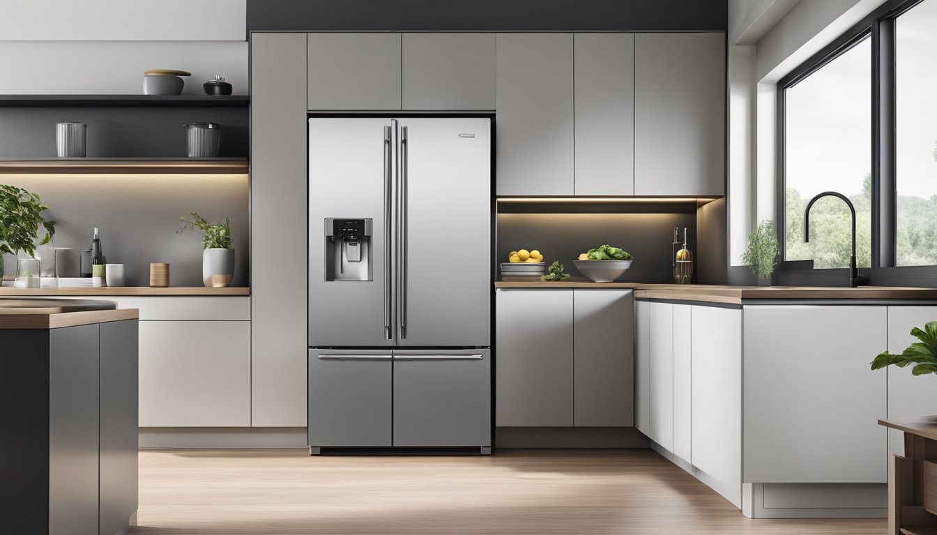 A single door fridge stands in a modern kitchen, its sleek design and stainless steel finish exuding a sense of sophistication and practicality
