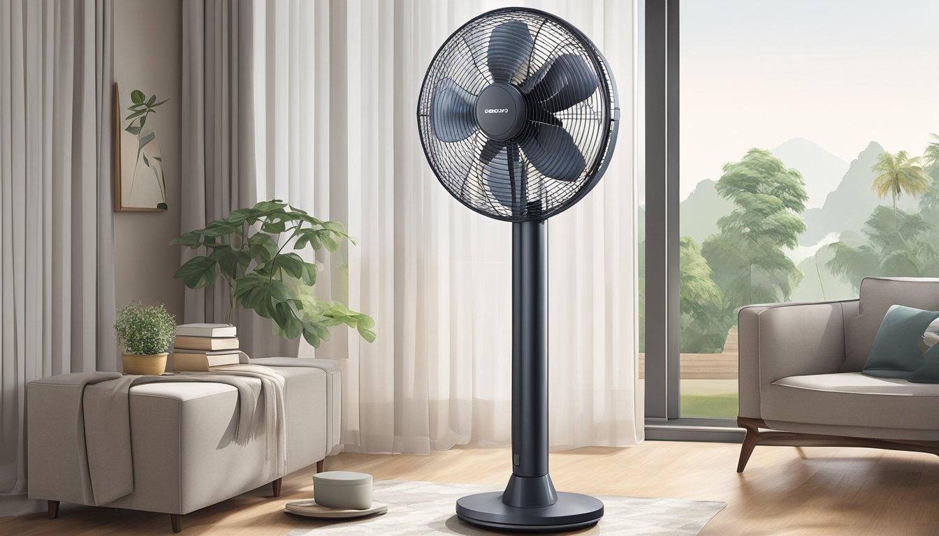 A tower fan stands tall in a modern Singaporean home, providing cool relief on a hot day