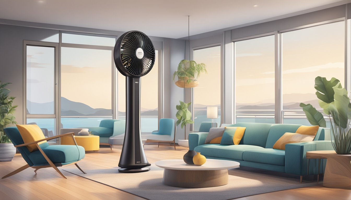 A sleek tower fan sits in a modern, clutter-free living room, providing a cool breeze while blending seamlessly with the decor