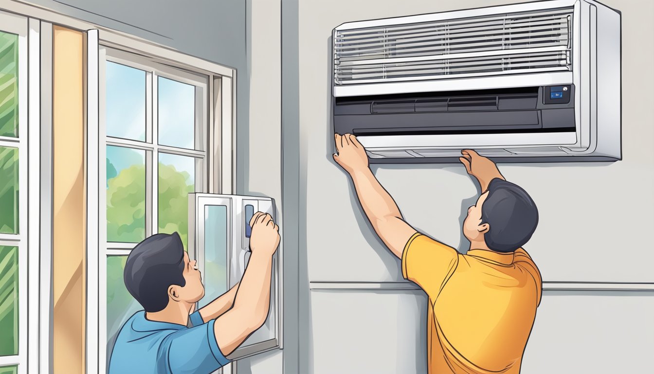 A person installs a window mount air con unit, carefully positioning it to fit the window frame and securing it in place