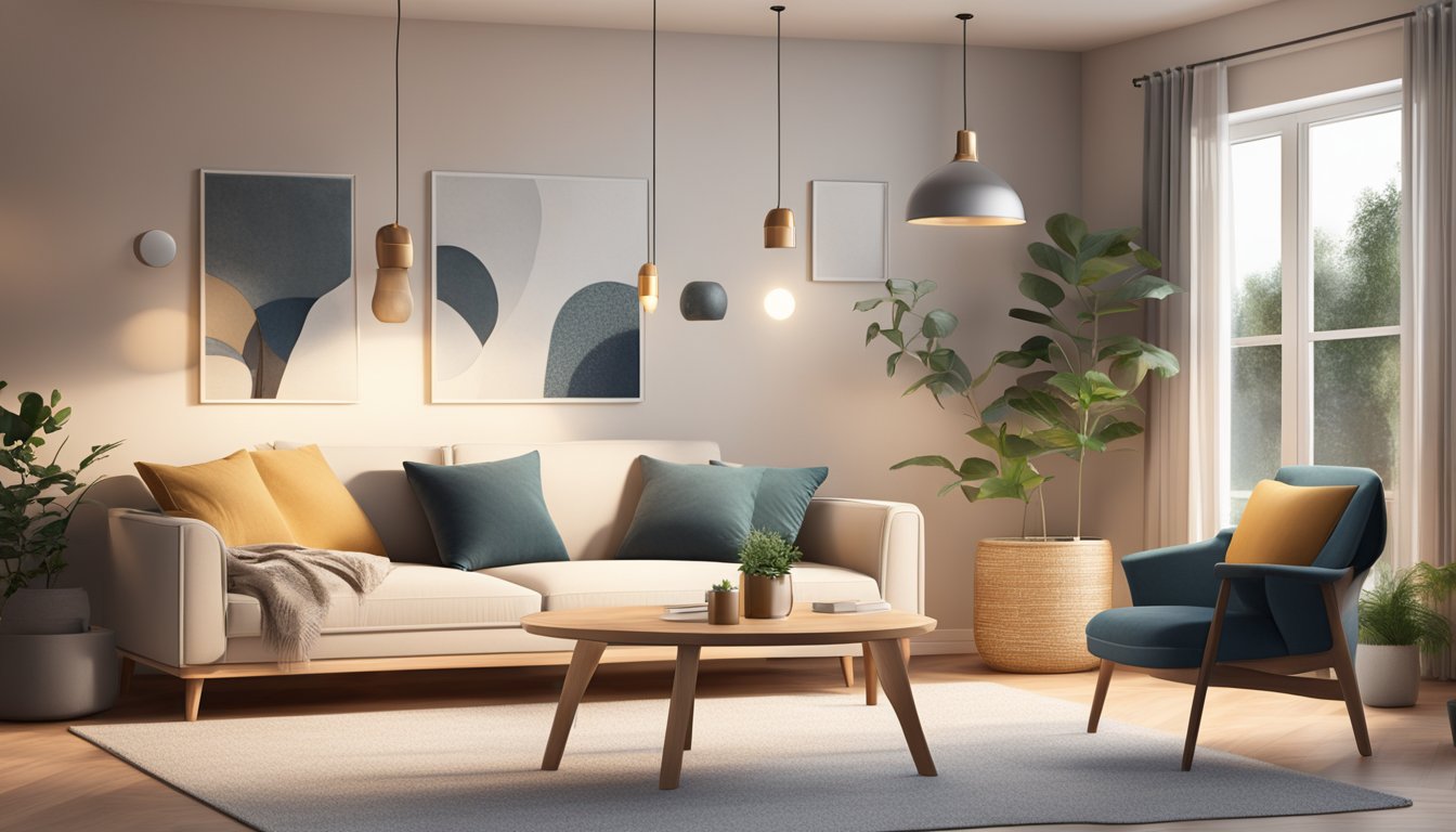 A cozy living room with a sleek, minimalist Scandinavian sofa, surrounded by warm lighting and natural elements