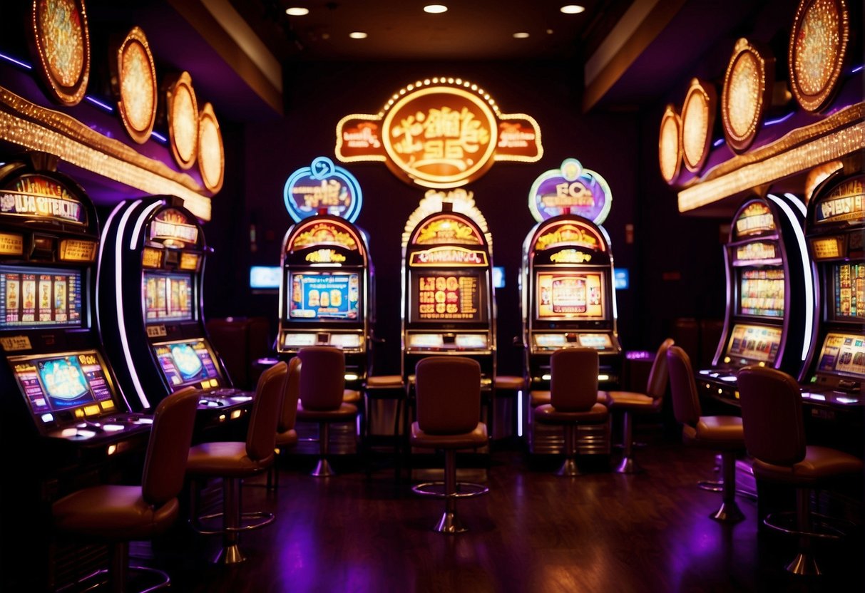 The glowing Immortals slot machine stands in a dimly lit casino, surrounded by flashing lights and eager gamblers