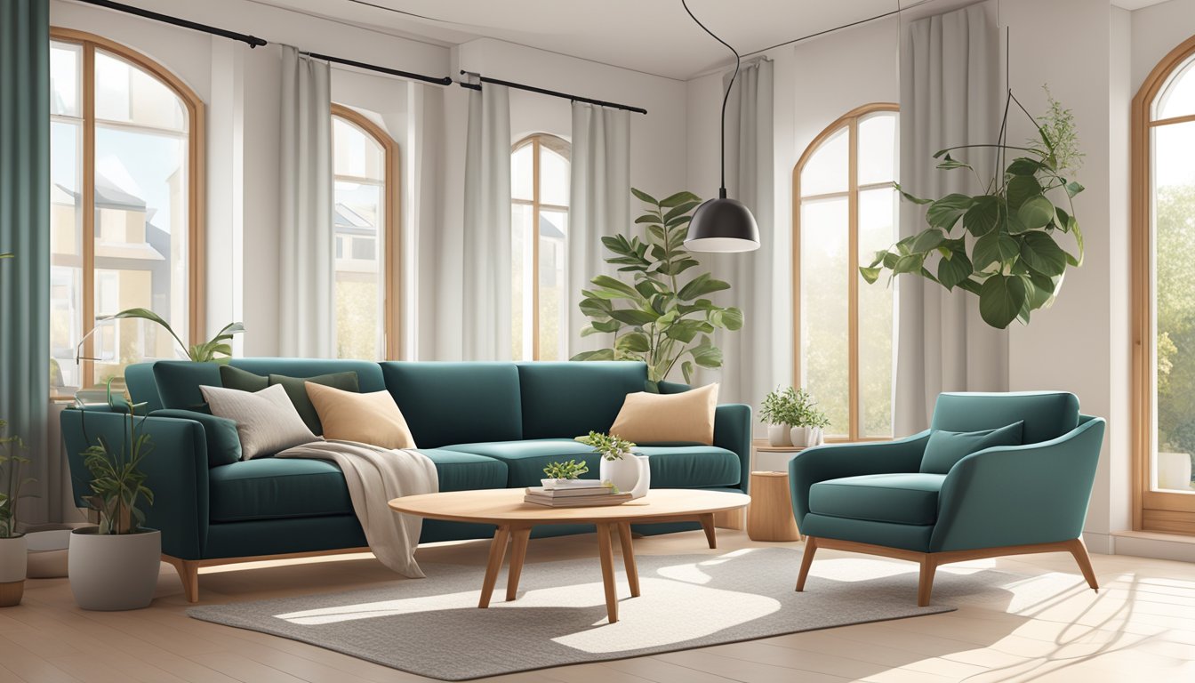 A cozy living room with a sleek Scandinavian sofa, surrounded by minimalist decor and natural light