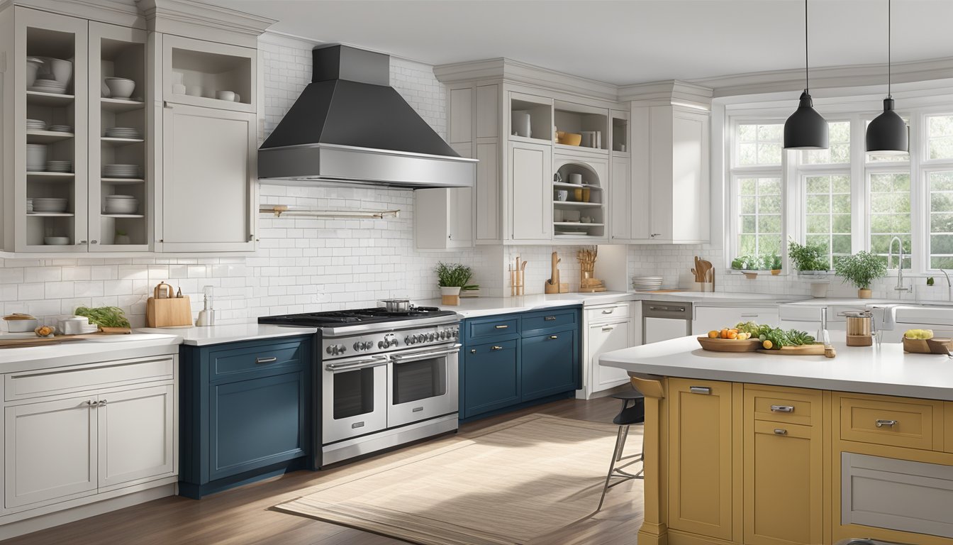 A kitchen with two contrasting hoods, one large and traditional chimney hood, and the other sleek and slim hood, both mounted above a stove